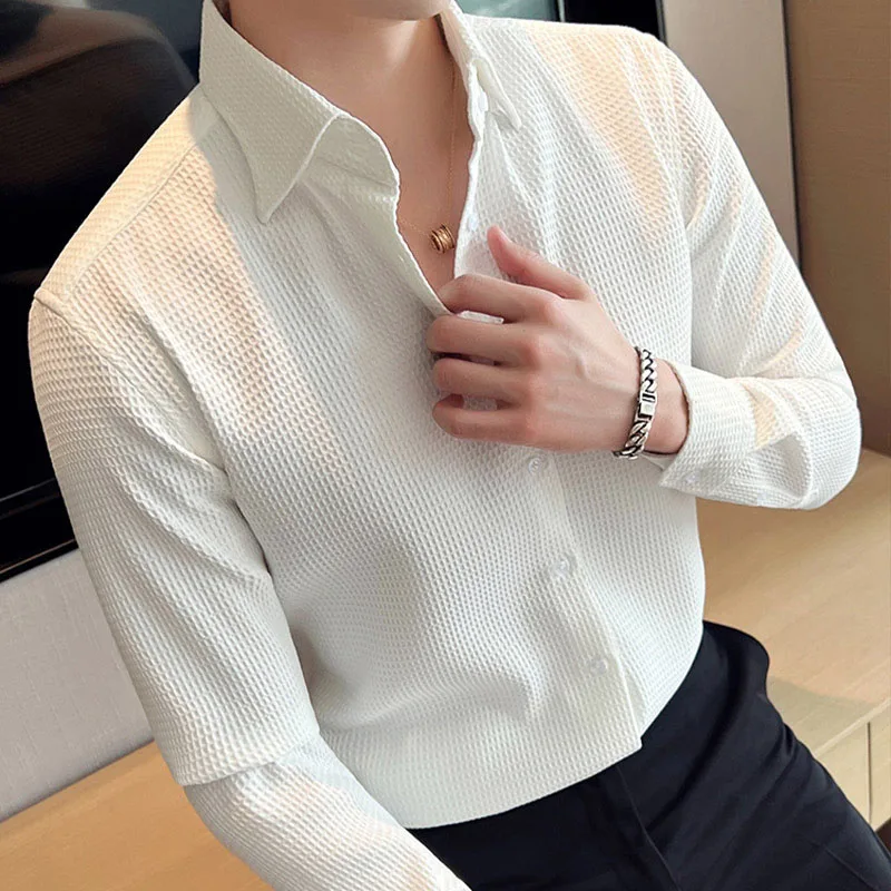

Men's Shirts Slim Fit Long Sleeve Waffle Top Fashion Solid Color Lapel Button-up Shirt Autumn Vintage Men Shirt Streetwear Tops