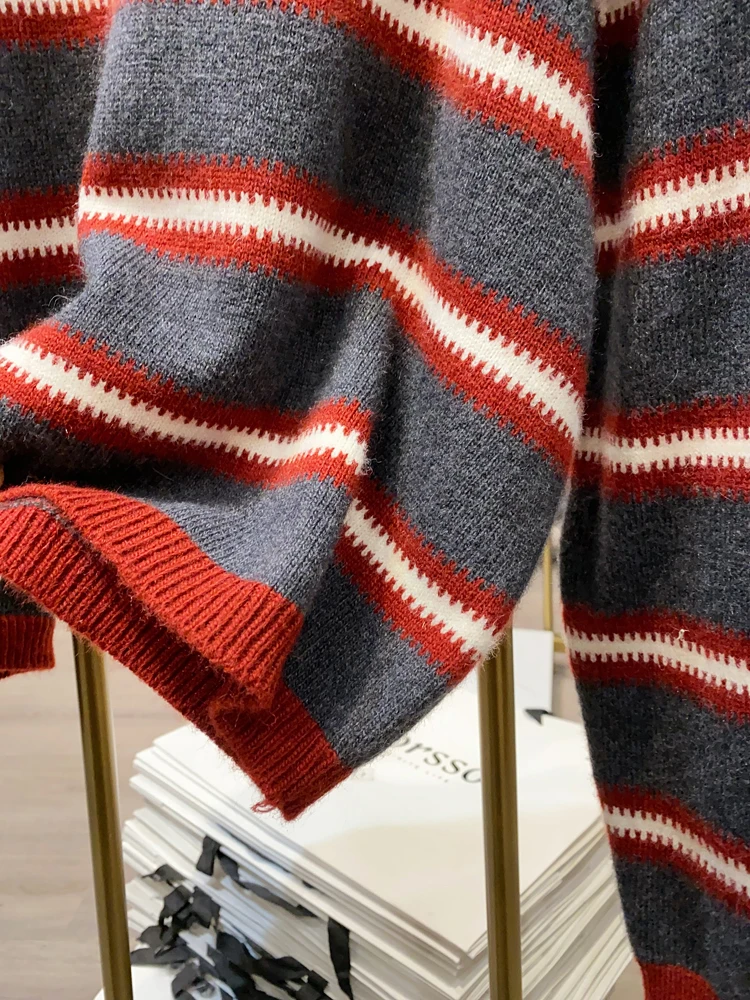 [Xiaoai Stall Real Shot] High-Grade Color Matching round Neck Striped sweater Women Winter Comfortable Soft Glutinous All-Mat...