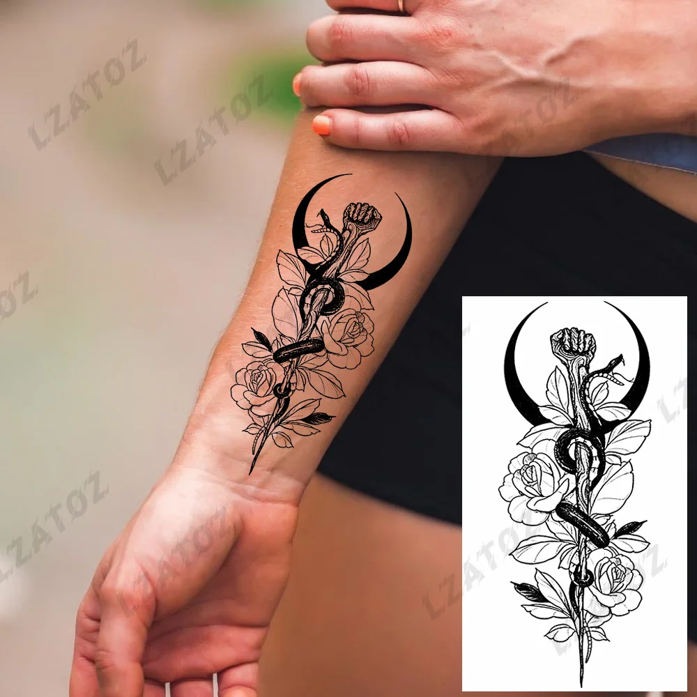 

DIY Moon Snake Flower Temporary Tattoos For Woman Adults Tiger Rose Peony Butterfly Fake Tattoo Sticker Sexy Body Art Tatoos