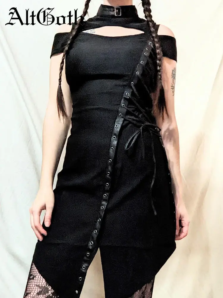 

AltGoth Gothic Cyberpunk Black Dress Women Sexy Harajuku Coquette Short Sleeve High Waist Lace-up Corset Dress Partywear Female