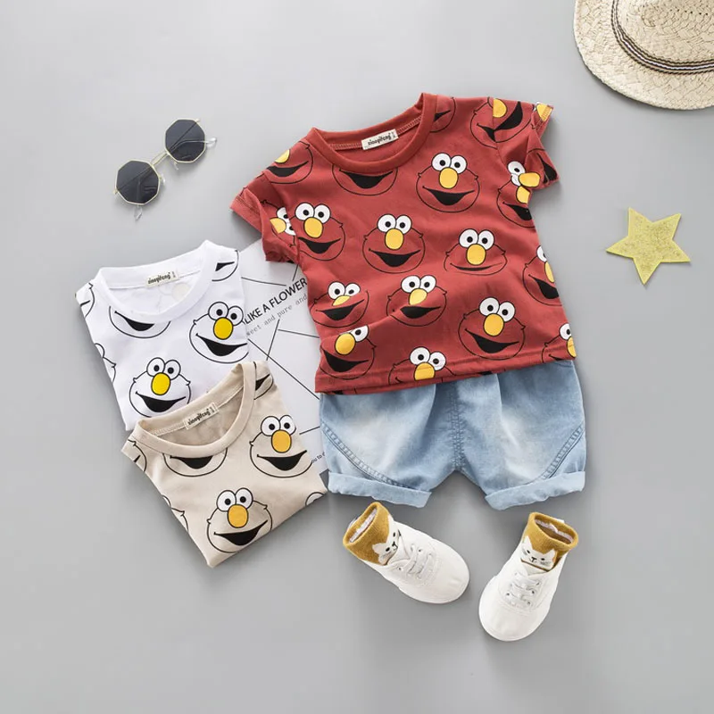 Denim Shorts Cartoon Children Baby Boy Clothing Set Kids Cute Summer Suit T-Shirt Outwear 1-4 Years Cotton Outfits Khaki Red New