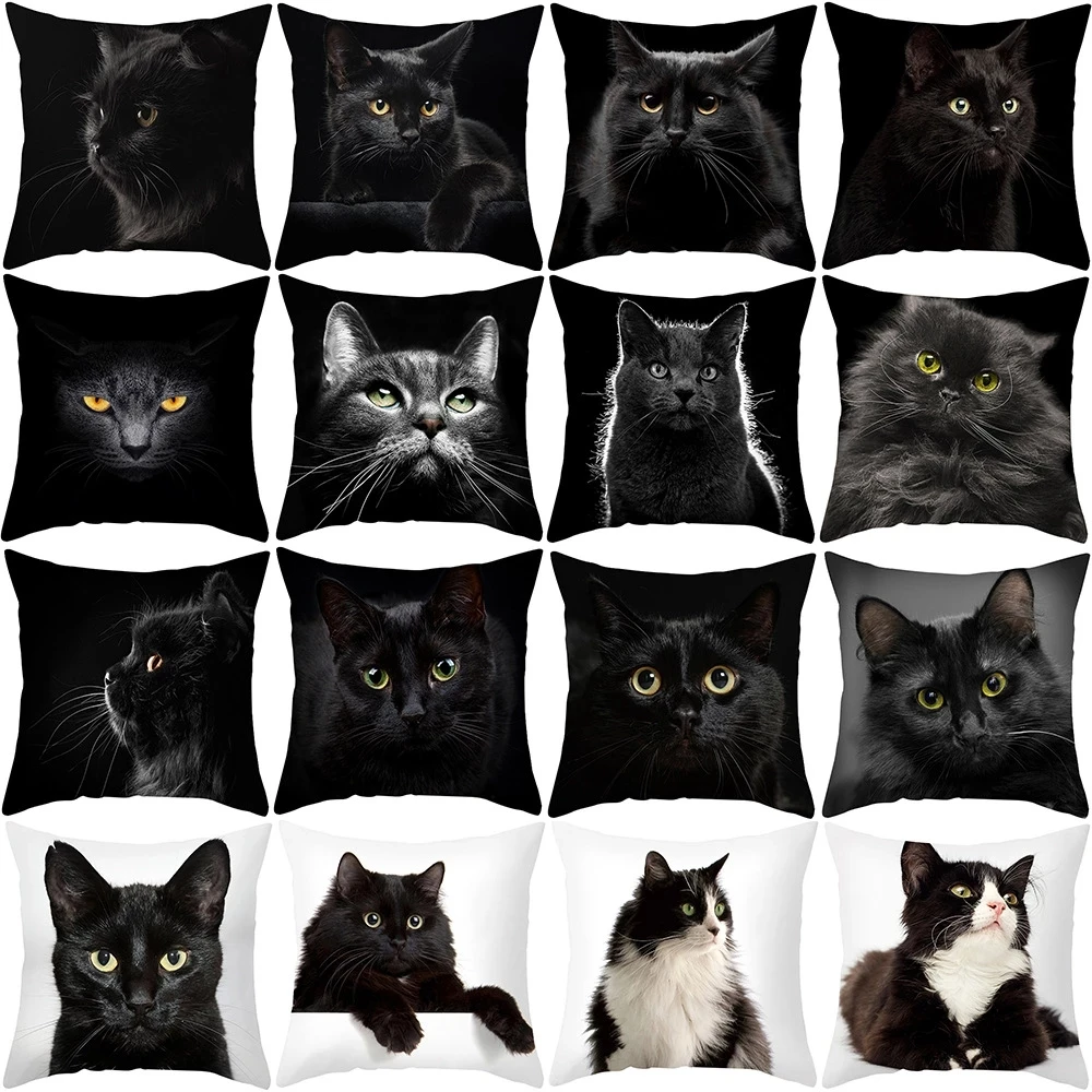 

45X45CM Black Cat Pillowcases Short Plush Home Cute Kitty Animal Lover Cushion Cover Funny Home Decoration Pillow Cover