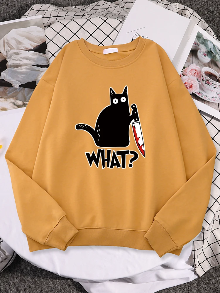 

Little Black Cat And Knife Printing Womens Clothing Fleece Hip Hop Hoodie Autumn Loose Pullover New Crewneck Female Sweatshirt