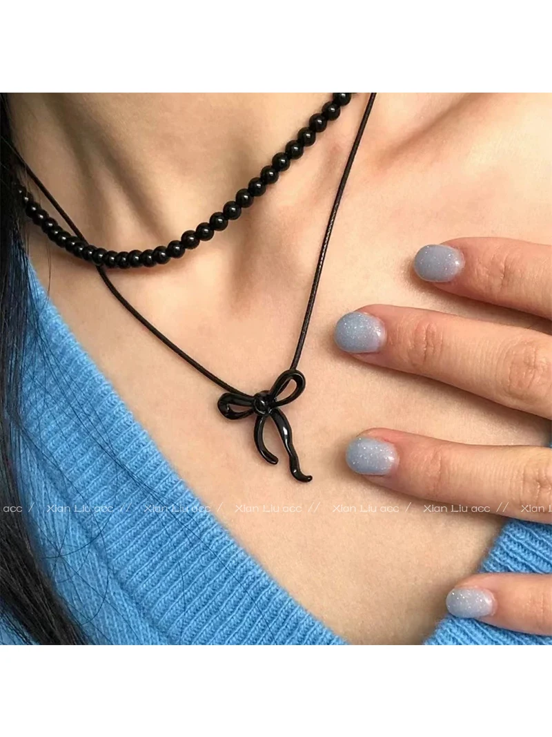 Black Beaded Bow Necklace Women 2024 New Popular Choker Design High-Grade Accessories