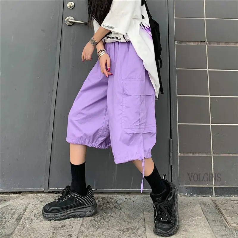 

Women Purple Wide Leg Baggy Pants High Waist Harajuku Cargo Pants Women Pockets Streetwear Loose Joggers 2022 New Female Pants