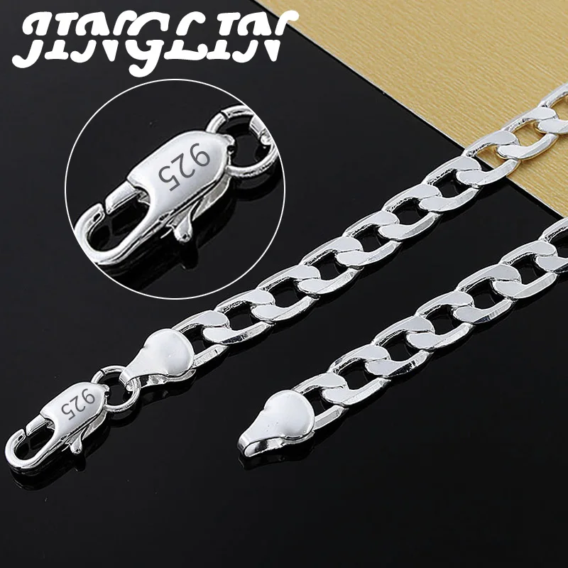 JINGLIN  925 Sterling Silver 16/18/20/22/24 inch 8MM Flat Sideways Figaro Chain Necklace For Woman Man Fashion Wedding Jewelry