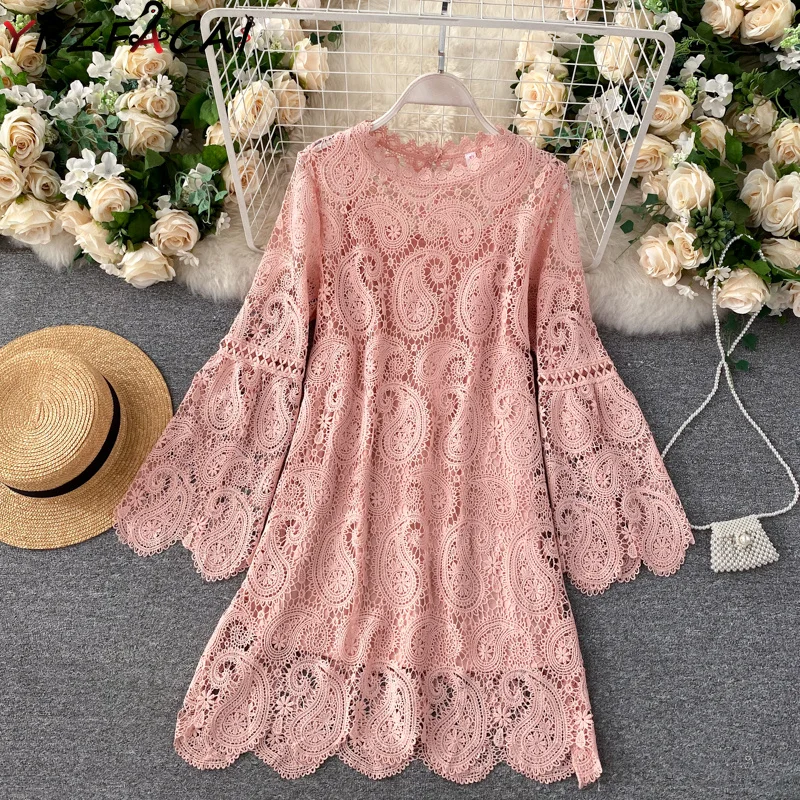 

Women Elegant Banquet Party Pink/Black Dress Summer Cutout Lace O Neck Flare Long Sleeve Loose A-Line Dress 2022 New Fashion