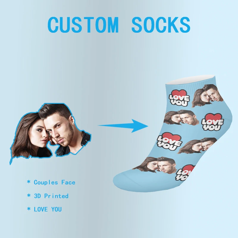 

3D Customized Face Printed Short Socks for Men Women Fashion Funny Socks DIY LOVE Design Kawaii Casual Personality Gift Socks