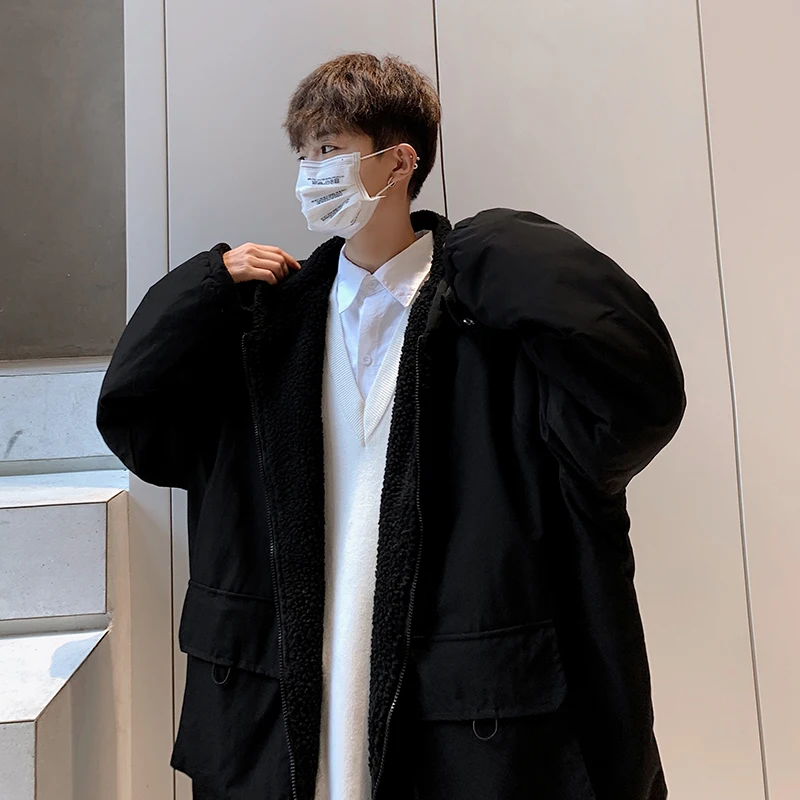 

Double-sided lamb wool cotton coat men's winter wear plush thickened coat loose