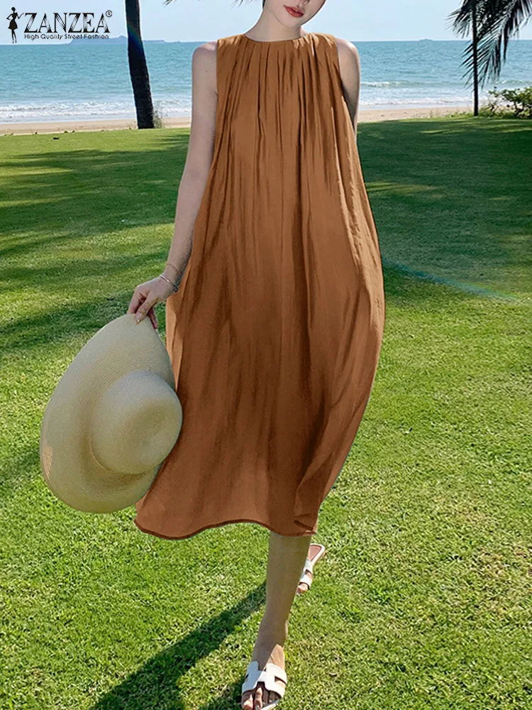 

ZANZEA Holiday 2023 Summer Tank Dress Beach Casual Vestido Solid Color Pleated O-neck Sundress Sleeveless Loose Women Midi Dress