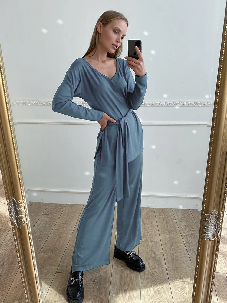 

Hiloc Blue Knitted Women's Pajamas Set With Belt Long Sleeve Sleepwear Women Round Neck High Waist Wide Leg Pants Sets Home Suit