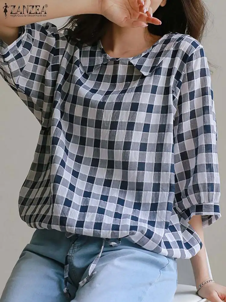 

Fashion Women Short Sleeve Blouse ZANZEA Summer Loose Tops Tunic Vintage Retro Plaid Cherk Loose Pullovers Oversized Blusa Femme