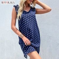 movokaka summer fashion women dots printing mini dress casual blue v neck office lady vestidos loose folds party dresses elegant