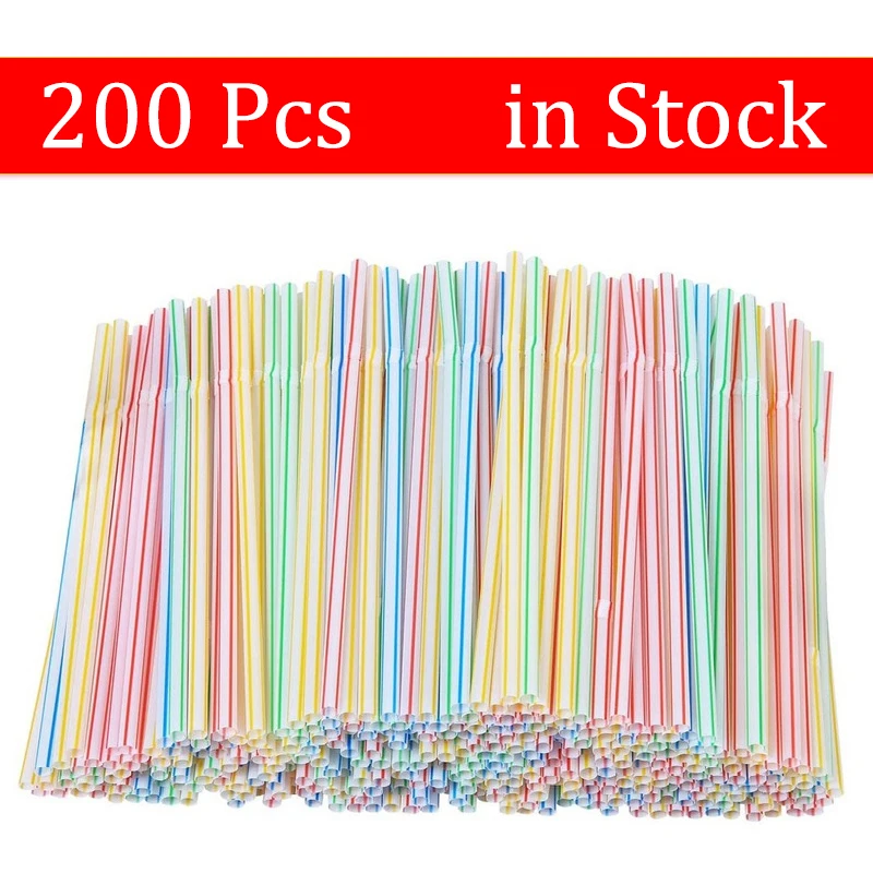 

200 Pcs Plastic Straws Random Flexible Elbow Striped Disposable Straw For Drinking kitchen Bar Party Event Supplies Rietjes