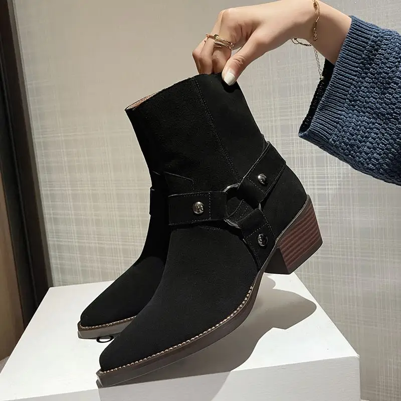

Size 34-42 Suede Genuine Leather Women Boots Autumn Winter Fashion Outdoor Thick Heel Woman Ankle Boots Easy To Walk