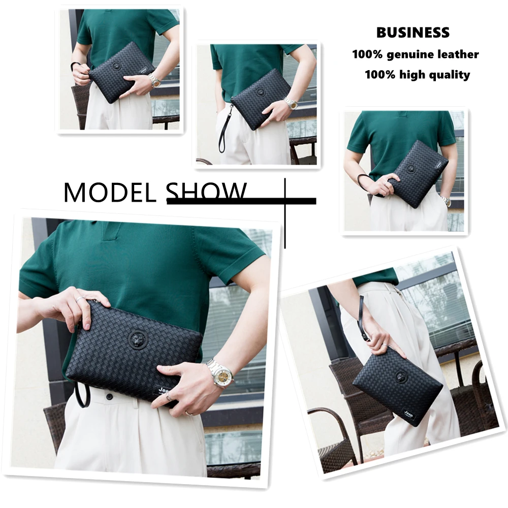 JEEP BULUO Brand Genuine Leather Men Woven Clutch Bag New Large Capacity Wallets Purse Soft Handbag Design Business Bag For IPAD images - 6