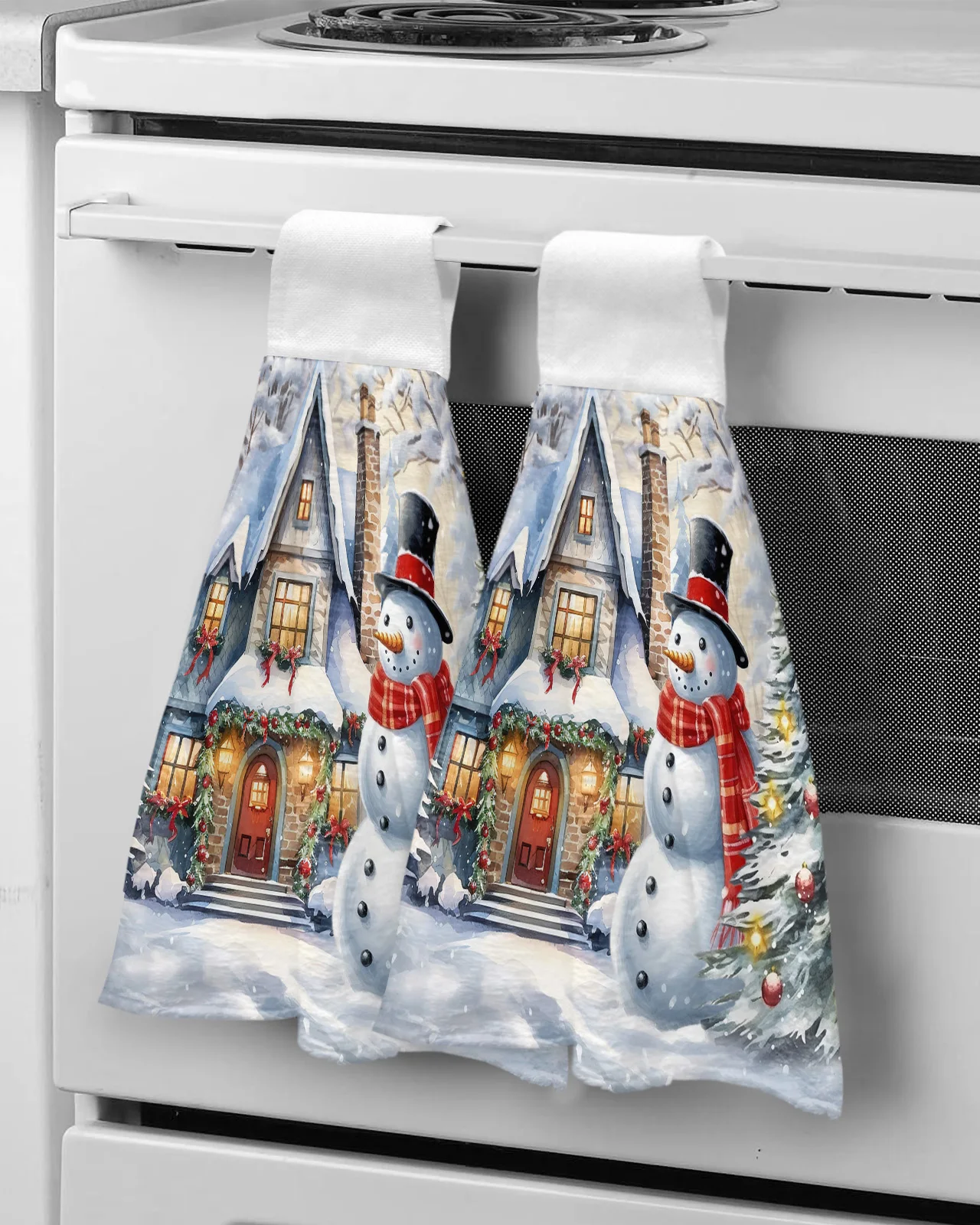 

Рождественская Снежная сцена Снеговик ручные полотенца из микрофибры подвесная ткань быстрая фотография рождественское кухонное полотенце