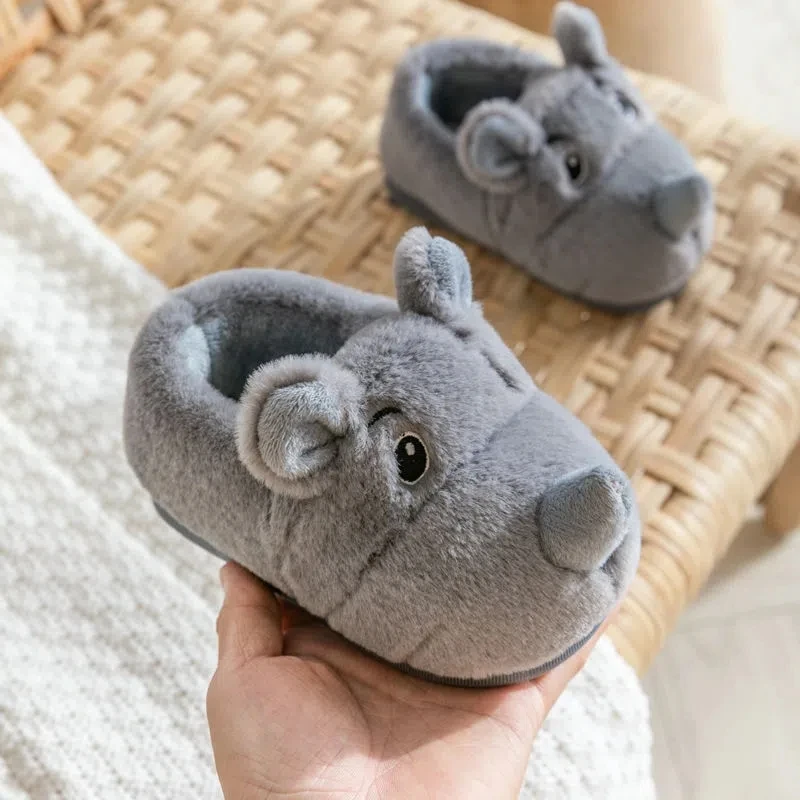 Cute gray plush loafers kids indoor non-slip toddler shoes child slippers animal elepant flat shoes for home 2022 fur slippers