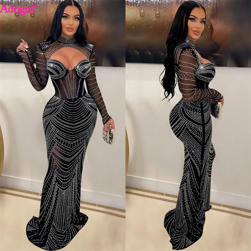 

Adogirl Luxury Diamonds Sheer Mesh Maxi Party Dress Women Sexy Strapless Long Sleeve Bodycon Robe Elegant Evening Gown Vestidos