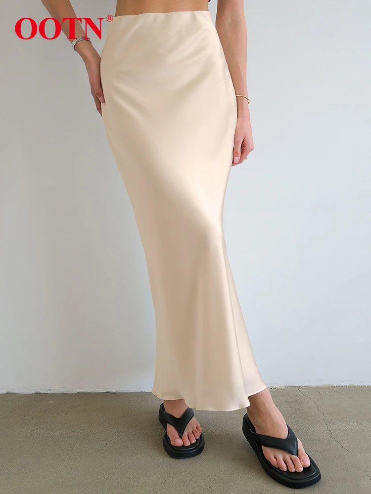

OOTN Elegant Satin Black A Line Skirts Female Street Chic High Waist Long Skirts Champagne Ankle-Length Skirt Autumn 2023 Zipper