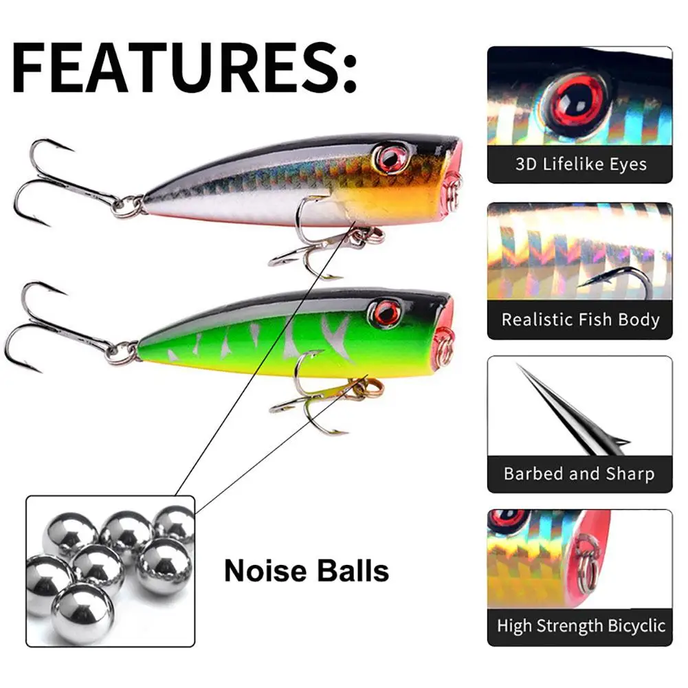 

5Pcs Popper Fishing Lures With Treble Hooks Topwater Artificial Fishing Baits Swimbait Crankbait For Freshwater Saltwatern