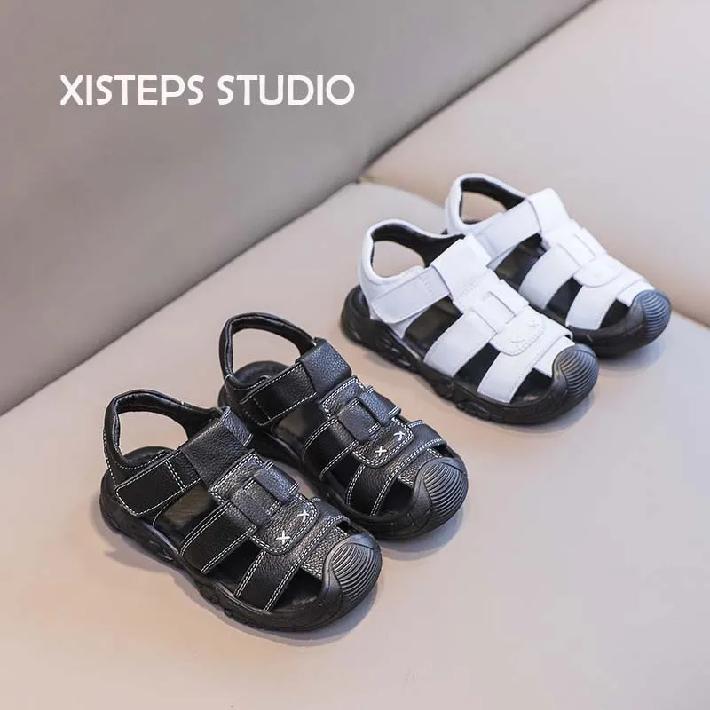 XISTEPS Summer Kids Boys Full Grain Leather Sandals Real Leather Sandals for Children White Black Anti-slip Boys Shoes Footwear