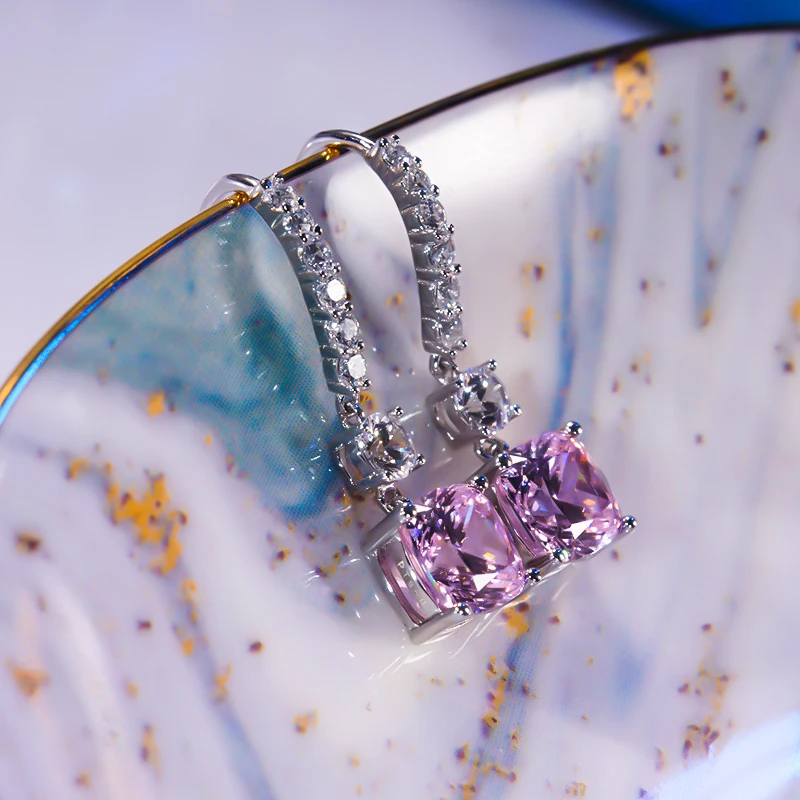 

Zircon Light Luxury 4 Prongs Long Earrings Women Simple Luxury Pink Diamond Earrings Temperament Earrings Studs