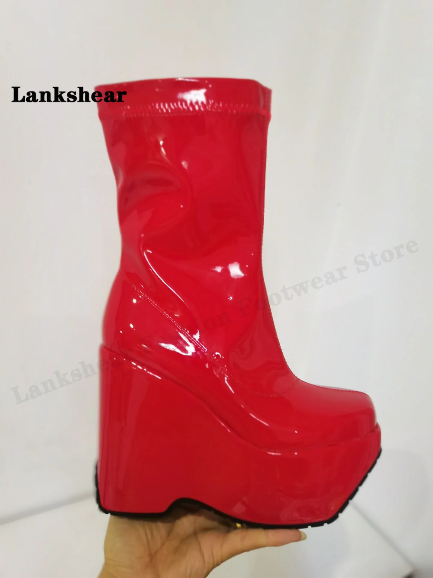 2022 New Round Toe Wedge Heel Thick Bottom Boots Super High Heel Slip On Satin Elastic Large Size Short Boots Women's Boots