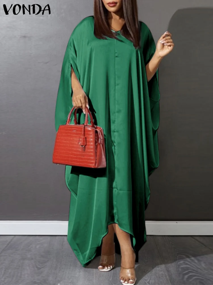 

VONDA 2022 Oversize Women Half Bat Sleeve Robe Casual Long Solid Pleated V Neck Maxi Holiday Robe Stylish Summer Party Dress