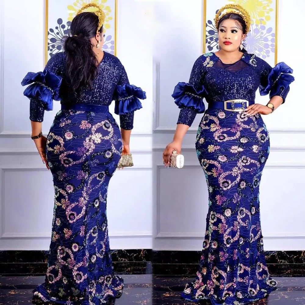 

Plus Size Luxury African Sequins Dress for Women Elegant Lady Evening Dresses with Belt Sexy Female Wedding Party Bodycon Gown