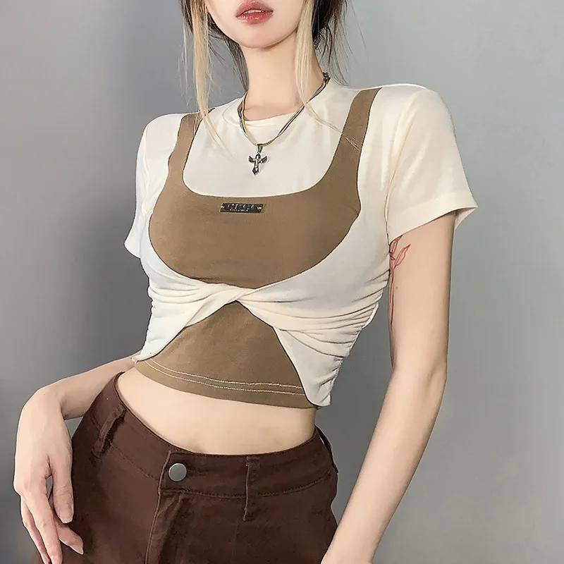 

2022 Summer New Women's Clothing Contrast Color Fashion Slim Fit Slim Navel T-shirt Women's Short Top