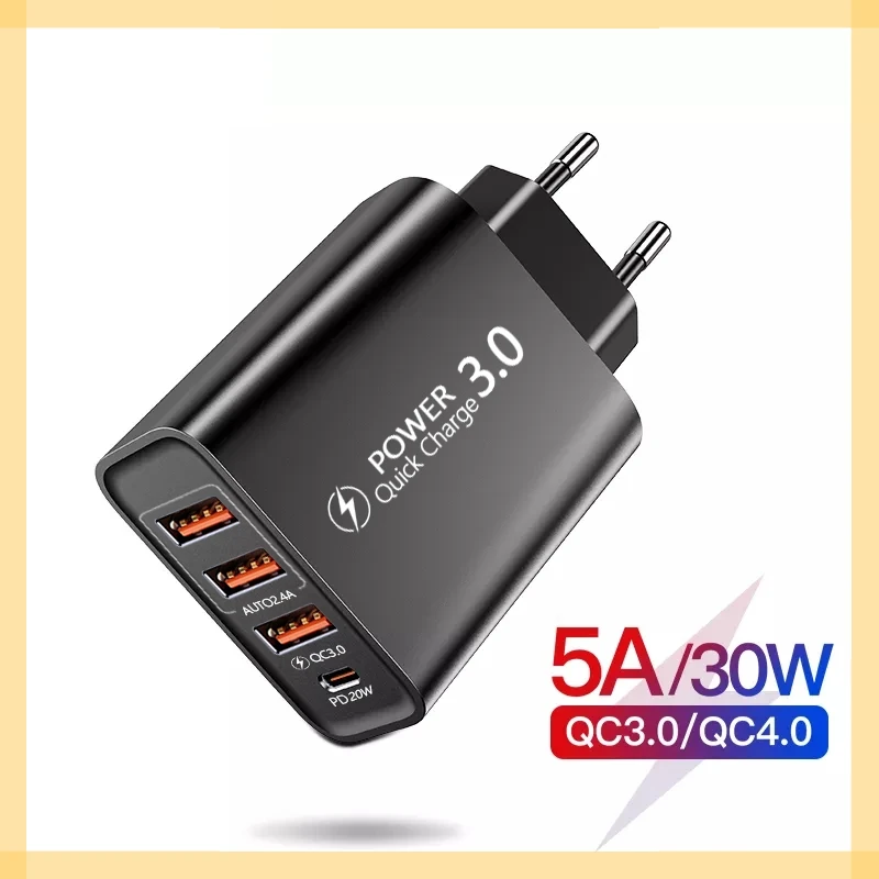 

30W 4 Ports USB Charger Quick Charge Fast Wall Charger For Xiaomi iPhone11 Portable Phone Charger QC 3.0 Adapter EU/US Plug