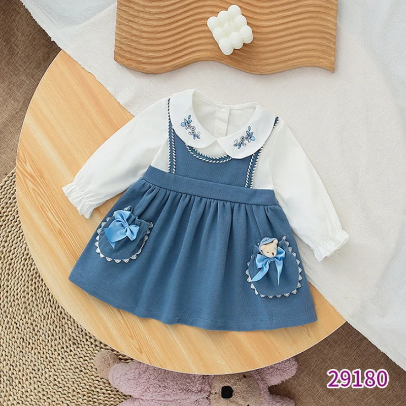 2022 Spring Family Matching Sister Clothes Long Sleeves White Blue Patchwork Bodysuit+Princess Baby Dress Twins Outfits E9190 |
