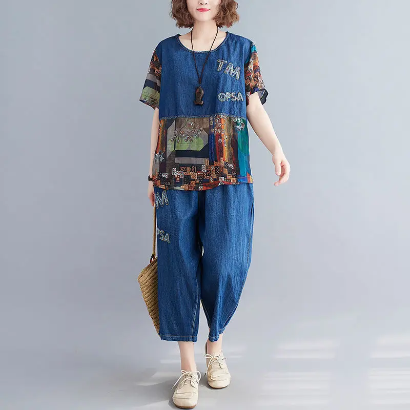 

Women's Sports Suit Pants Two-piece Women's 2022 New Loose Large Size Stitching Printed Denim Suit Summer Thin Casual Suit