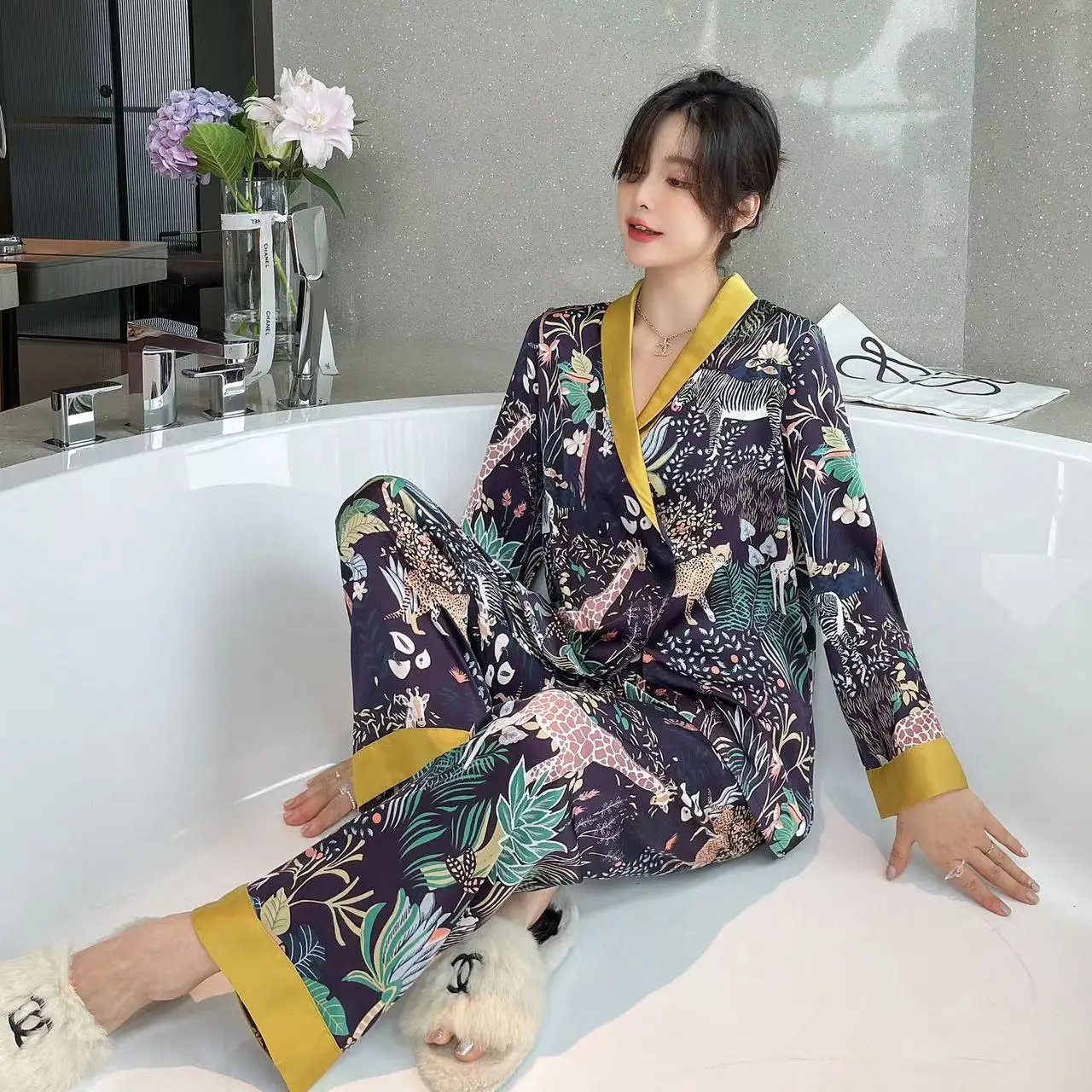 Women Pajamas Turndown Collar Pocket Long Sleeve Casual Pants 2 Piece Sleepwear Female Home Suit Sets Nightwear