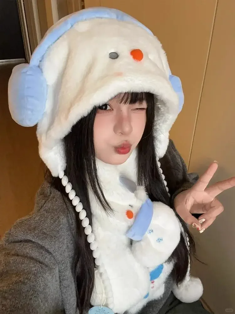 Милая плюшевая шапка со снеговиком женская осенне-зимняя толстая теплая с