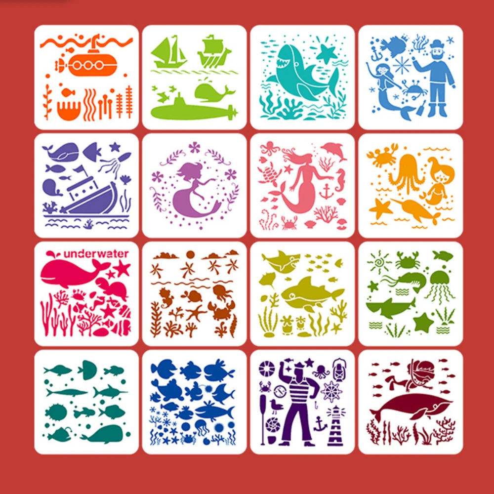 

16pcs Marine DIY Hollow Painting Template PET Childs Hand-painted Window Grille Model Wall Painting Graffiti Painting Reuse Tool
