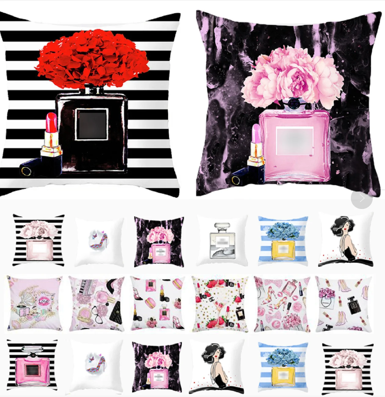 

Brand Perfume Bottle Pillowcase Fashion Women Favor Cushion Cover Home Decorative Peach Skin Velvet Perfume Sofa Pillow Cover
