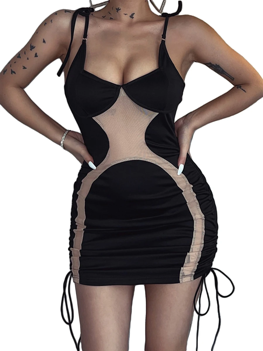 

Women's Sleeveless Bodycon Dress, Contrast Color Spaghetti Strap Sheer Ruched Drawstring Mini Short Dress for Party Club