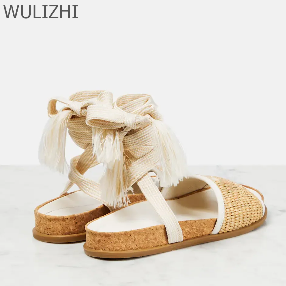 Gal Flat Sandals Rose Pink Embroidery Tassel-Tie Ankle Straps Rubber Outsoles Raffia Gladiator Casual Patchwork Round Toe Shoes