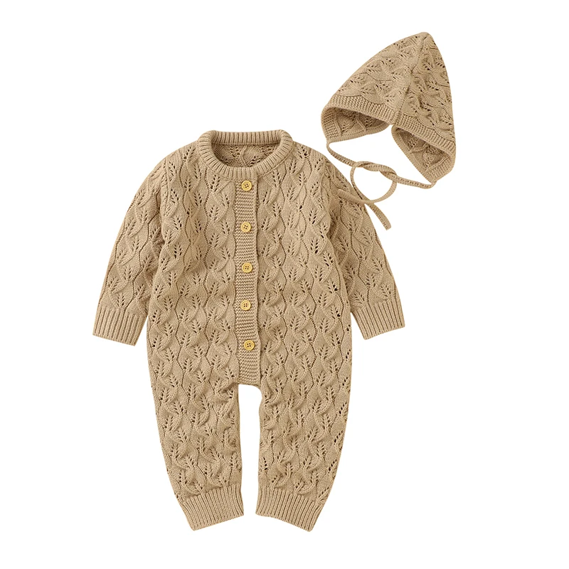 

Winter Baby Rompers Clothes Autumn Casual Long Sleeves Knitted Newborn Boys Girls Jumpsuits Hats Outfits 2pcs Toddler Wear 0-18m