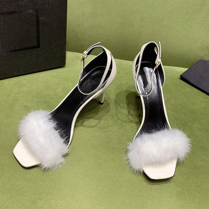 

Elegant Luxury Mink Hair Sandals High Quality Sqaure Toe Women Shoes New Fashion Buckle Strap Female Sandals