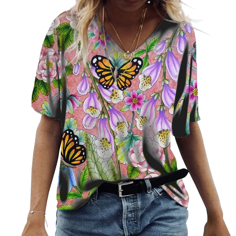 

Women Fashion T-Shirts Summer Prairie Chic Short Sleeve Casual Tops 3D Butterfly Print Cotton Tees Women Clothing Loose T-Shirt