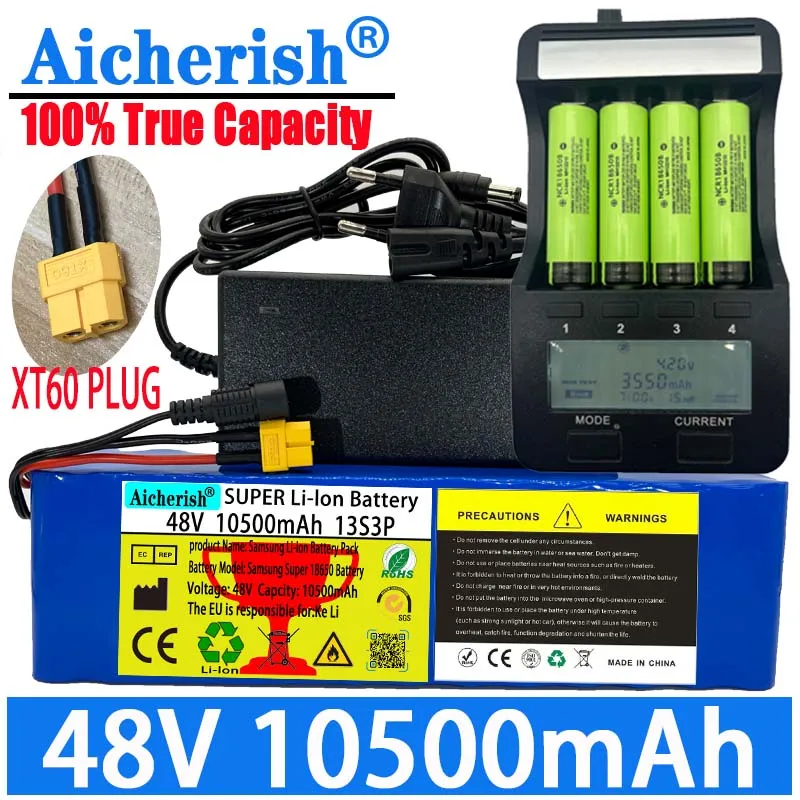 

Aicherish 100% Real Capacity 34B 13S3P 48V 10500MAh Electric Bike Li-Ion 18650 Battery 1000W 54.6V BMS E-Bike Scooter + Charger