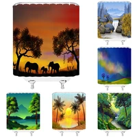african elephant shower curtain sets sunset forest scenery tropical palm trees watercolor landscape bathroom bathtubs decor home