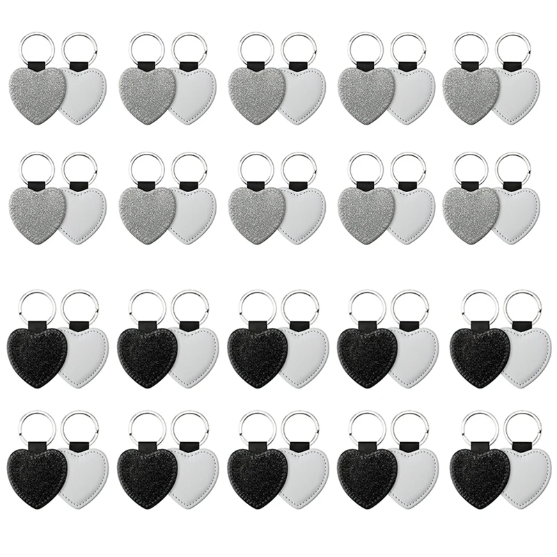 

20 Piece Sublimation Blanks Keychain Glitter PU Leather Keychain Heat Transfer Keyring Sublimation Blank Heart Shape Silver