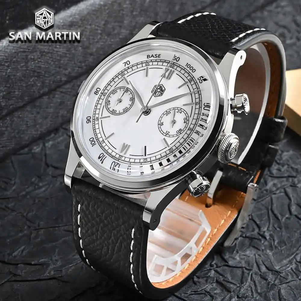 

San Martin 38mm SN0101JS Chronograph Watch Luxury Leather Roman Numeral Quartz Wristwatch Waterproof 5Bar Sapphire Men Watches