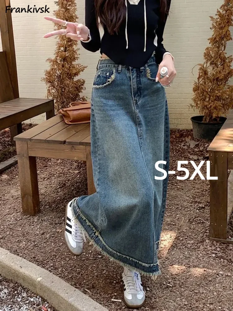 

Long Skirts Women Vintage Denim All-match Loose A-line College High Waist Autumn Falda Sexy Mujer Tassel Design Korean Newest