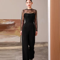 fashion 2022 woman summer jumpsuit rompers long sleeve wide leg pants lace black clothing ladies one piece outfits for female