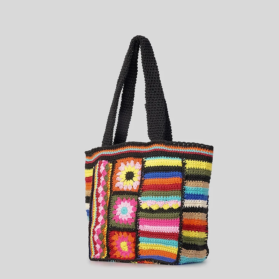 Bohemian Colorful Flower Knitted Tote Bag Crochet Women Shoulder Bags Casual Handmade Woven Big Shopper Purses Cute Handbags